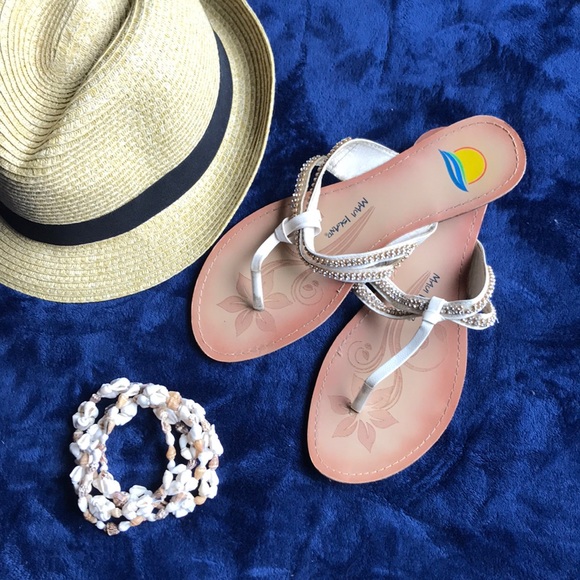 white jeweled flip flops